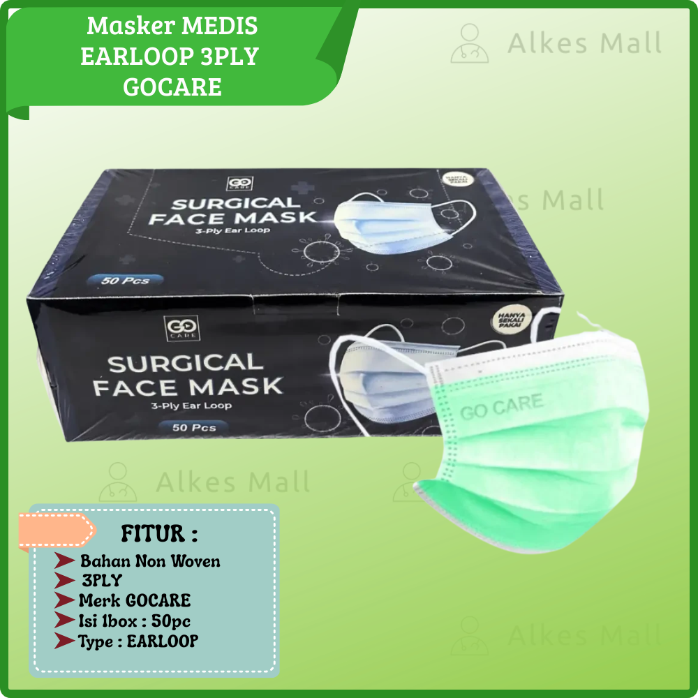 Masker Bedah Medis 3ply EARLOOP/TELINGA Filtrasi 98% Box 50 Pcs Melindungi Debu Virus GO CARE
