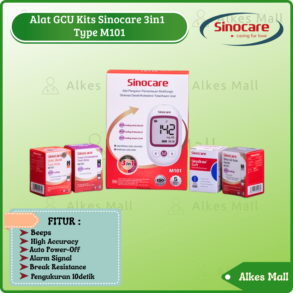 Alat 3in1 GCU Cek Gula Darah, Kolesterol & Asam Urat Tanpa Koding(Tanpa Chip) SINOCARE type M101