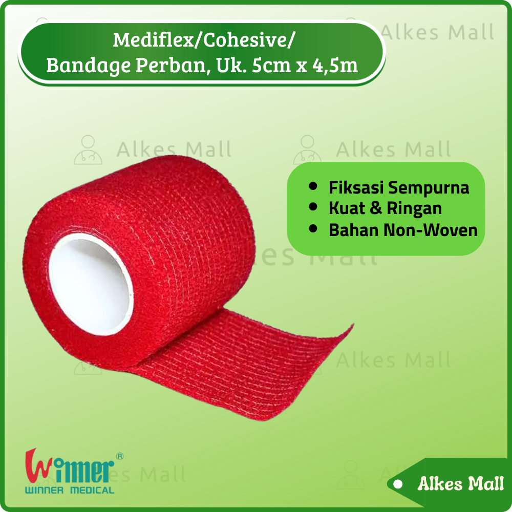 Mediflex Cohesive Bandage Perban 5cm x 4,5m Roll Merah Winner Medical