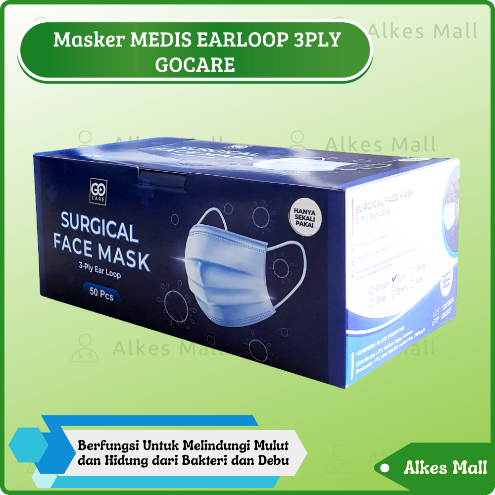 Masker Bedah Medis 3ply EARLOOP/TELINGA Filtrasi 98% Box 50 Pcs Melindungi Debu Virus GO CARE