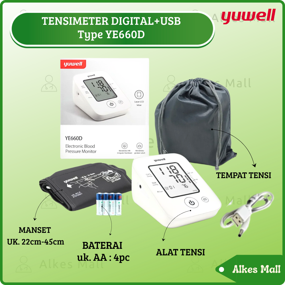 TENSIMETER DIGITAL YE660D ALAT Ukur Tekanan Darah Detak Jantung USB MANSET Uk.XL YUWELL