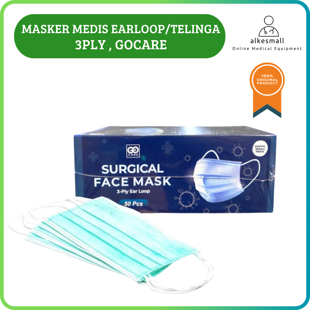 Masker Bedah Medis 3ply EARLOOP/TELINGA Filtrasi 98% Box 50 Pcs Melindungi Debu Virus GO CARE