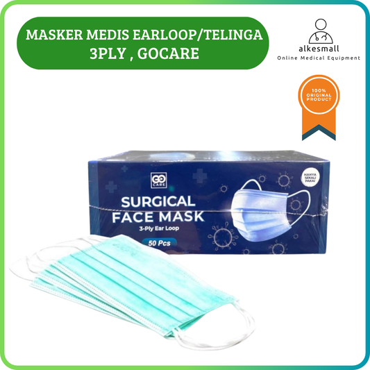 Masker Bedah Medis 3ply EARLOOP/TELINGA Filtrasi 98% Box 50 Pcs Melindungi Debu Virus GO CARE